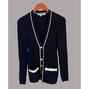 Vintage Worldly Things Navy Wool Cardigan With Gold Buttons & Pocket Detail Made